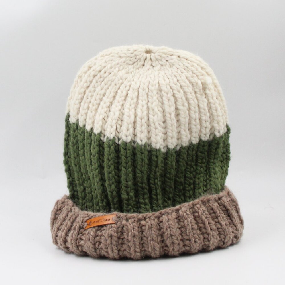 Handmade Chunky Knit Beige, Green, and  Off White Wool Alpaca Folgate Hat